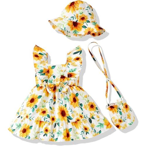 Renotemy Newborn Infant Baby Girl Dresses Summer Outfits Boho Casual Sundress Gifts Toddler Clothes for Girl with Hat and Bag