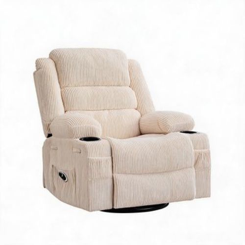 Rocking Recliner Chair for Adults, 360° Swivel Rocker with Cup Holder, Corduroy Upholstered Deep Seat Nursery Glider, Beige