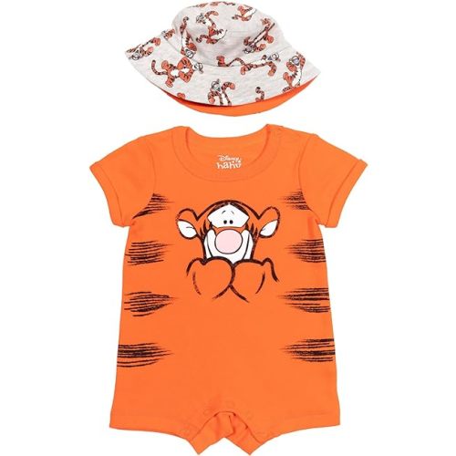 Disney Baby Romper and Reversible Bucket Sun Hat Outfit Set Newborn to Infant Sizes (Newborn - 24 Months)