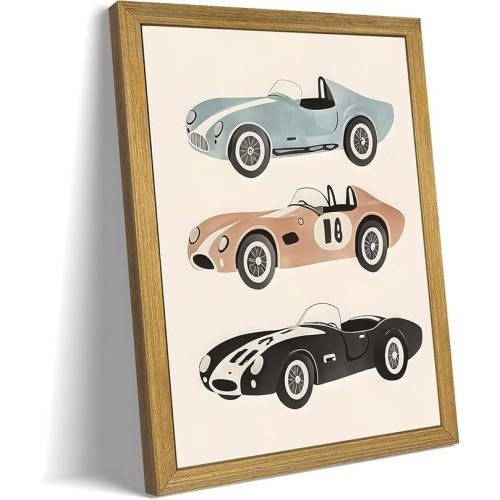 Wood Framed Vintage Race Car Wall Art, Retro Sports Car Canvas Print Poster Paintings, Kids Room Cute Artwork Decor for Boys Bedroom Nursery Playroom Living Room Wall Decor 8x10 Inch