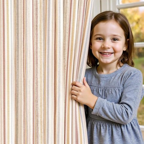 jinchan Colorful Linen Curtains for Nursery Living Room Multi Red on Beige Striped Curtains for Bedroom Cute Ticking Stripe Farmhouse Baby Girl Kids Room Light Filtering Grommet 2 Panels 84 inch