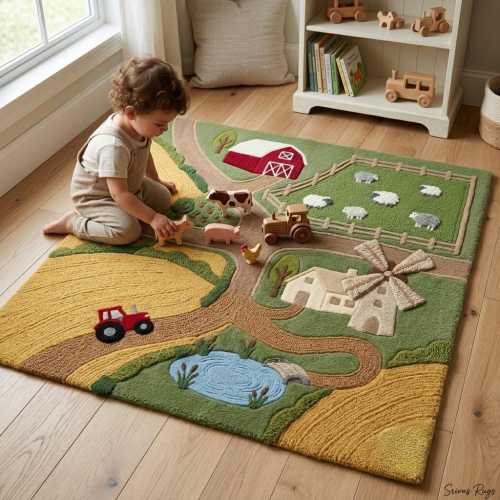 Farm Fields Rug Green Gold Hand Tufted Wool | Country Windmill Map | Playroom Kids Decor
