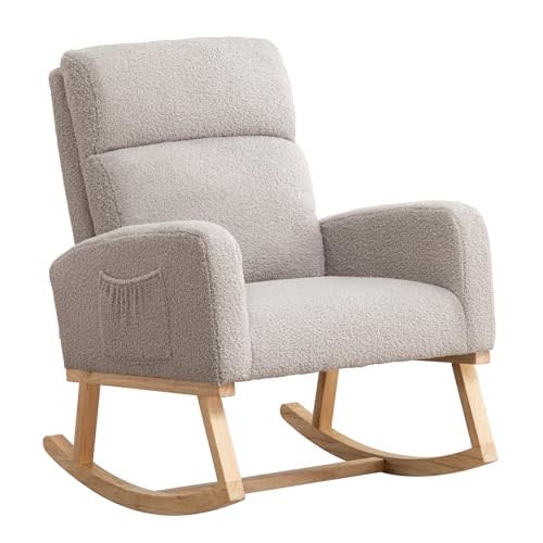 Rocking Chair Nursery, Rocker Nursing Chairs for Breastfeeding with Wood Legs and Side Pocket, Comfortable Glider Roking Chair for Nursery, Living Room, Bedroom,Teddy Light Grey