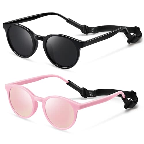 Vcarsian Cute Kids Polarized Sunglasses,Baby Sun Glasses with Strap for Toddler Girls Boys Flexible Round UV Protection