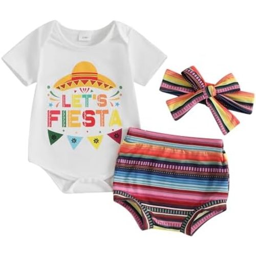 Gueuusu Fiesta Baby Girl Outfit Letter Short Sleeve Romper Striped Shorts with Headband Infant Cinco De Mayo Clothes