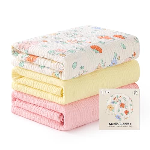 EXQ Home Muslin Swaddle Blankets for Baby, 3 Pack Cotton Breathable Soft Receiving Blankets for Newborn Boys and Girls, Baby Essentials & Gift, 38x40 inches(Little Strawberry)