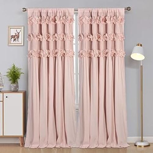 Luxurious Peach Pink Blackout Curtains with 3 Rows of Handmade Butterfly Flower Ruffles, Room Darkening and Soundproof Window Curtain 54" x 84", 2 Panels, Machine Washable (LQ-37)