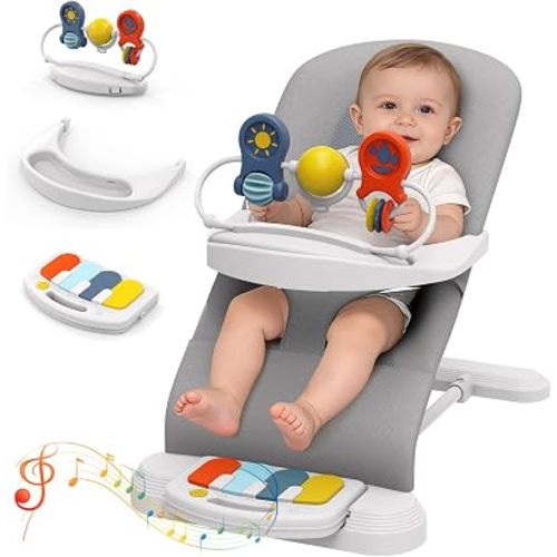 Baby Bouncer Seat, 3-Speed Adjustable Height Baby Bouncer Seat, 4-in-1 Bouncer Seat for Babies 0-6 Months, Detachable Piano Pedals, Feeding Tray