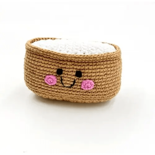 Pebble | Handmade Friendly Inari Sushi Rattle | Crochet | Fair Trade | Pretend | Imaginative Play | Woodlands | Rattle | Machine Washable