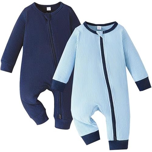 Bafeicao Unisex Baby Boy Girl 2/3 Pack Rompers Long Sleeve 2 Way Zipper One Piece Jumpsuits Clothes Sets