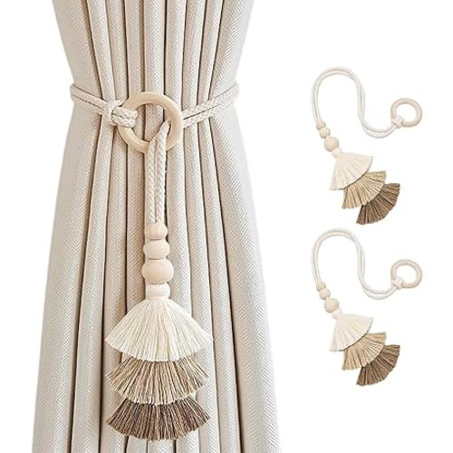 SRG Curtain Tiebacks for Curtains 2 Pack, Decorative Curtain Holdbacks for Drapes, Handmade Tie Backs No Drilling for Home Bedroom Window Decor – Tassel Beige