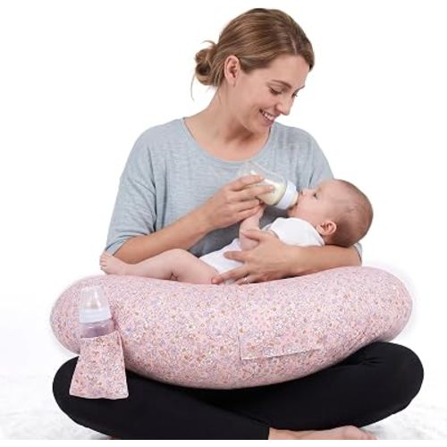 Ultra Wide Nursing Pillow, C-Shape Breastfeeding Pillow with Adjustable Waist Strap, Plus Size Breast Feeding Pillow with Side Pocket, Portable Support Pillow for Newborn Mom- Daisy Pink
