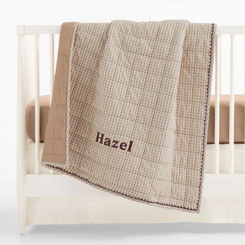 Personalized Almond Brown Windowpane Plaid Organic Cotton Baby Crib Quilt