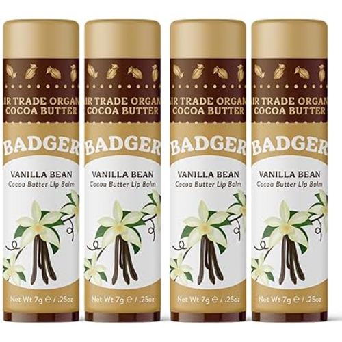 Badger Vanilla Bean Cocoa Butter Lip Balm, Long Lasting Hydrating Lip Care, 100% Organic Lip Balm, Large Size Stick, 4-pack