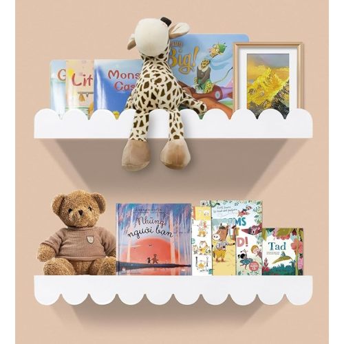 Floating Nursery Book Shelves, Scalloped Shelves for Kids Room 20 Inches, Nursery Bookshelf for Wall Set of 2, Nursery Shelves for Wall Wood, White