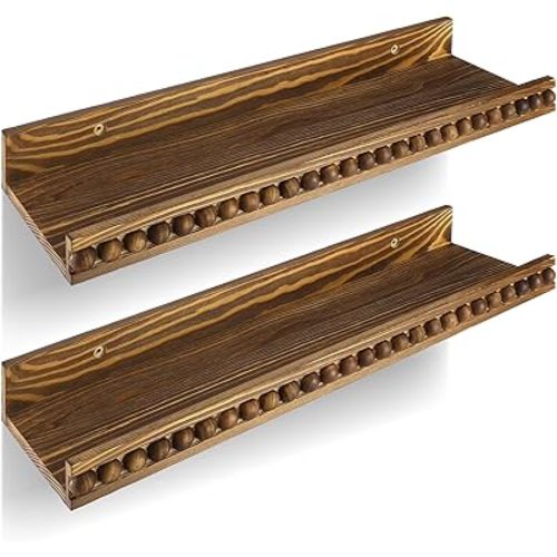 Set of 2 Floating Shelves Wall Mounted with Wooden Beads 15.7 Inch Rustic Brown Wood Wall Shelves with Lip for Bedroom Living Room Bathroom Kitchen Home Nursery Decor Picture Ledge Shelf