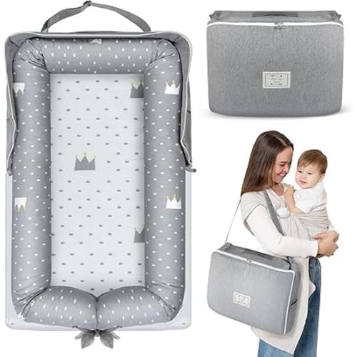 Baby Lounger for Newborn 0-24 Months, Snuggle Cozy Me Portable Infant Lounger with Soft Breathable Cotton, Adjustable Size Lengthen Space Lightweight & Washable Essentials for Home Travel (1. Crown)