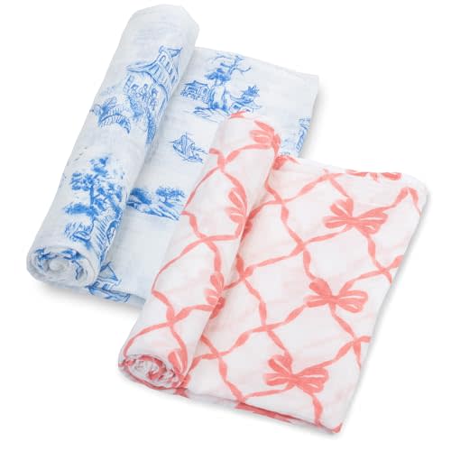 LollyBanks Muslin Swaddle Blankets 2PACK, 100% Cotton Baby Blanket 47 x 47 Inches, Large Baby Swaddle Breathable, Muslin Blankets for Girls (Pink Bow and Chinoiserie Print)