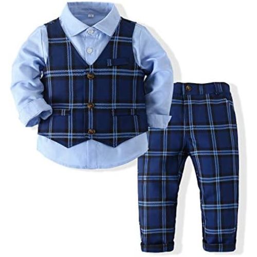 Kimocat Boys 3Pcs Clothing Sets Elegant Long Sleeve Shirts + Vest with Flower+Pants Party Suit