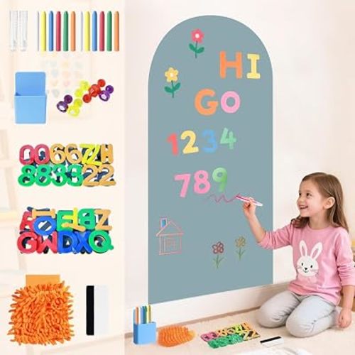 Arch Magnetic Wall Decal 39.3"x17.5", Magnetic Chalkboard Board for Wall, Self-Adhesive Playroom Decor & Home Classroom Display with Color Crayons & Letters (Lake Blue)