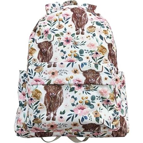 Pink Floral Highland Cow Diaper Bag Backpack