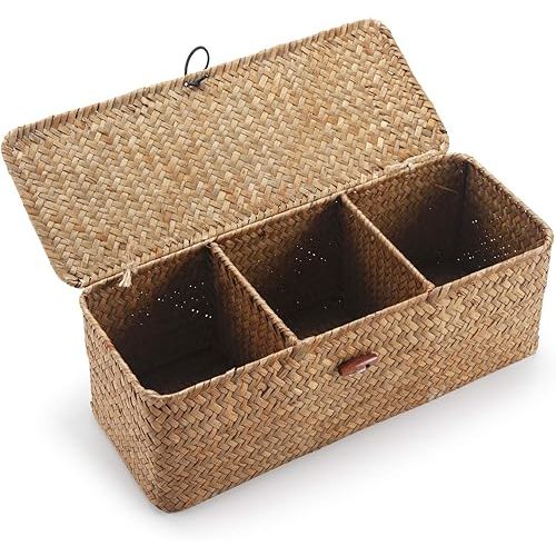 Seagrass Tank Basket with Lid Woven Toilet Roll Storage Basket with Sections Rectangular for Organize Snack Toys Tampon (Large Compartment 16.5inch L x 5.5inch W x 5.5inch H) Natural