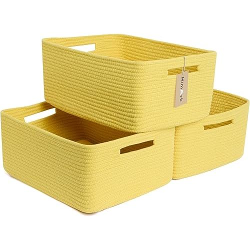 MiniArk Large Storage Baskets for Shelves, 17 x 13 x 7.5” Closet Organizers Bins for Clothes Blanket Towels, Baby Nursery, Toy Baskets Box, Woven Rope Baskets, 3 Packs Yellow