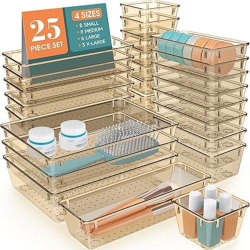 WOWBOX 25 PCS Plastic Drawer Organizer Set, 4 Sizes Desk Drawer Divider Organizers and Storage Bins for Makeup, Jewelry, Gadgets for Kitchen, Bedroom, Bathroom, Office, Clear Champagne