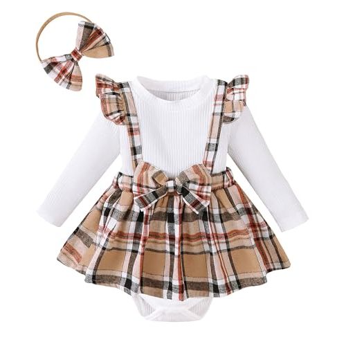 Coaturi Baby Girl Clothes Sets: 2 Piece Long Sleeve Top Plaid Romper with Headband Fall Winter Outfit for Infant 0-24 Months