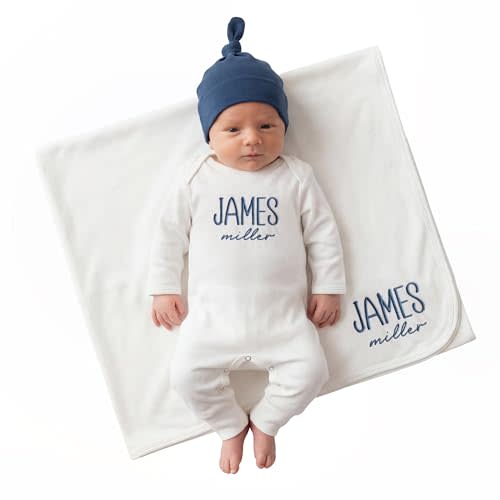 Linkababy Personalized Baby Boy Coming Home Outfit, 100% Cotton Embroidered Romper, Hat, Blanket, Baby Showers, Newborn 0-3M
