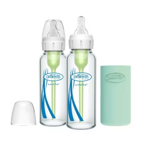 8oz Anti-Colic Narrow Glass Baby Bottle with Level 1 Slow Flow Nipple & Silicone Sleeve - 2pk