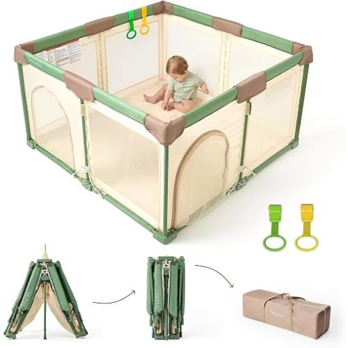 Tinyiota Foldable Baby Playpen, 50x50 Inch Portable Play Yard for Babies and Toddlers with Soft Breathable Mesh, Storage Bag & 2 Pull-Toy Handles for Indoor & Outdoor (Green, 50x50)