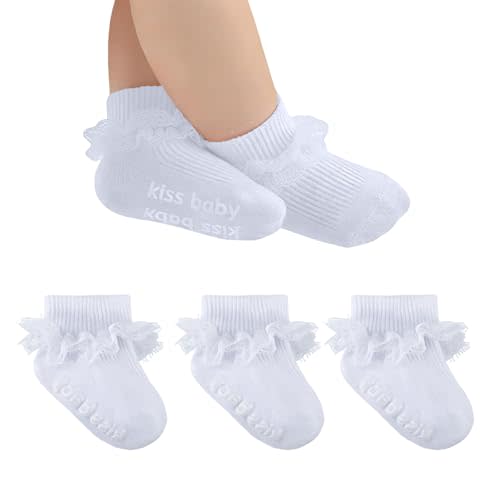 Baby Girl Ruffle Socks with Grips Turn Cuff Ankle Lace Frilly Dress Socks for Newborn/Infant/Toddler/Little Kids