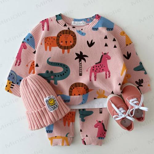Baby Waffle Lovely Cartoon Animals Sweatshirt 2-piece Pink Set