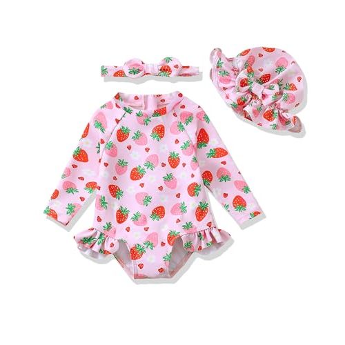 SODLON Baby Girl Swimsuit Long Sleeve One-Piece Infant Bathing Suit 3M-3T | Girls Swim Suit with Hat & Zipper & Headband, Rash Guard Ruffle Swimwear, Toddler UPF 50+ Swimsuits, Baby Beach Essentials
