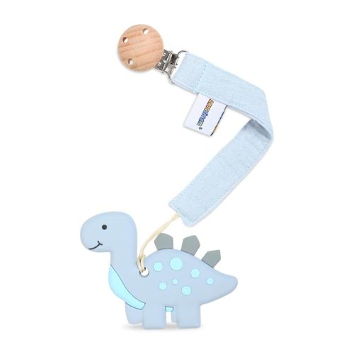 Baby Food Grade Silicone Teether Toy with Pacifier Clip Holder,Teething Pain Relief Toys Gift Set for 3 Months+ Boys and Girls,Freezer Safe,BPA Free (Grey Dinosaur)