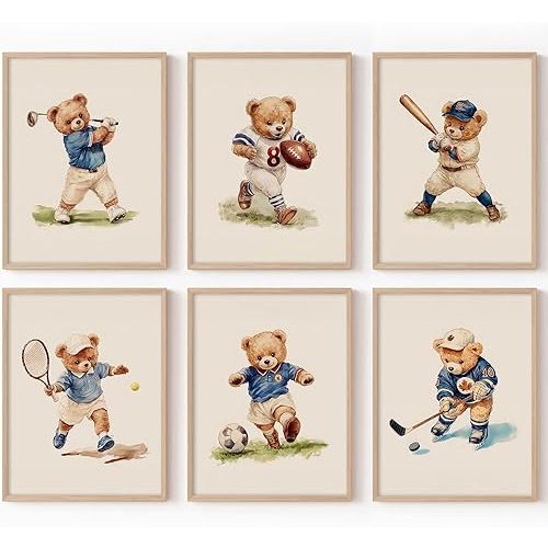 Olctedo Nursery Bear Sports Wall Art Vintage Boy Room Canvas Wall Decor Baby Teddy Bear Pictures Boy Nursery Art Prints Kids Animal Poster Artwork for Toddler Bedroom Playroom 8x10 Inch Unframed 6Pcs