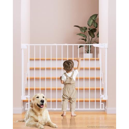 Cumbor 34" Extra Tall No Bottom Bar Baby Gate for Stairs, 29.2-43" Dog Gate | Hardware Mounted, Expandable Extra Tall Safety Gate for Larger Pets, Dual Lock Pet Proof, Easy Walk-Thru for Access (White)