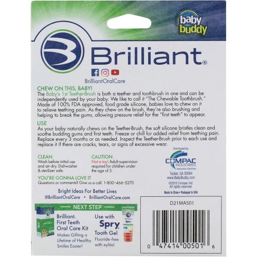 Brilliant Oral Care Baby’s First Toothbrush, Smooth Silicone Bristles Gently Clean Tender Teeth and Gums, for Ages 4+ Months, Green, 1 Pack