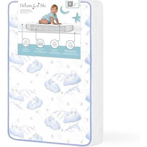 Dream On Me 2-in-1 Breathable Pocket Coils Inner Spring Portable Crib Mattress, Greenguard Gold and JPMA Certified, White
