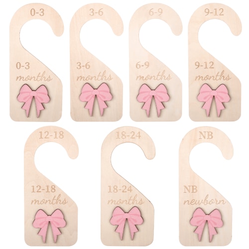7pcs Coquette Pink Bow Baby Closet Organizer 3D Pink Bow Baby Wood Closet Dividers Double-Sided Infant Wardrobe Hanger Organizer Infant Clothes Size Dividers Hanger Organization Nursery Decor