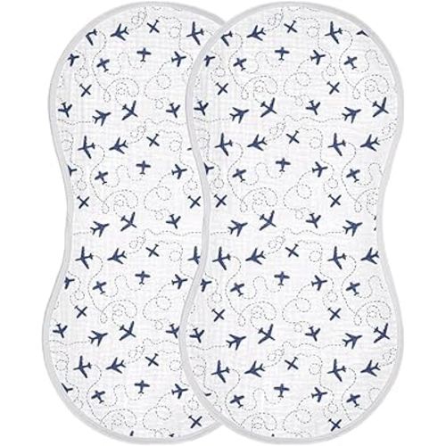 Baby Muslin Burp Cloths Set of 2 Blue Airplanes Muslin Washcloths Air Plane Transportation Sky White Milk Spit Up Rags Newborn Towel Burp Cloth Bib for Unisex Boys and Girls, 22 x 11 Inch