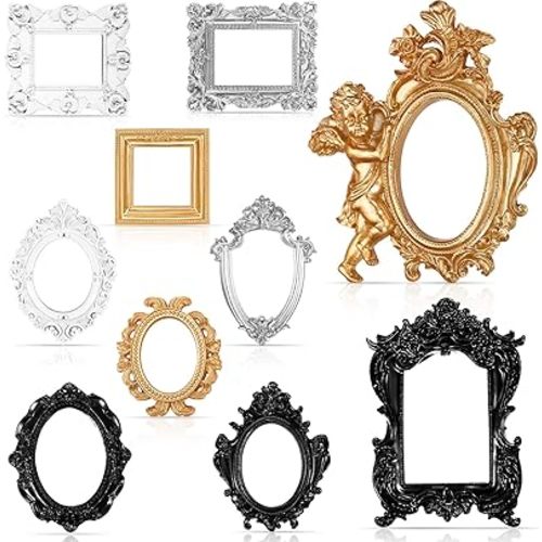 Yulejo 10 Pcs Mini Gold Picture Frames Small Vintage Resin Antique Photo Frame Tiny Baroque Ornate Frame for DIY Jewelry Display Wall Home Wedding Decor, Without Glass or Backing(Retro Colors)