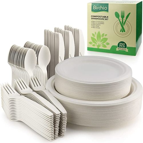 250 Piece Biodegradable Paper Plates Set (EXTRA LONG UTENSILS), Disposable Dinnerware Set, Eco Friendly Compostable Plates & Utensil include Plates, Forks, Knives and Spoons for Party
