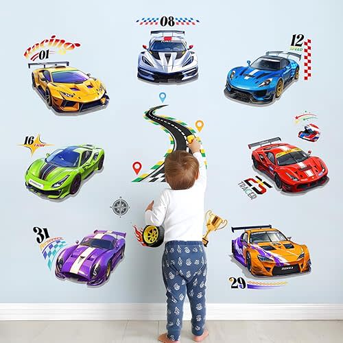 Tanlaby Racing Car Wall Decals Roads Vehicles Wall Stickers Vinyl Peel and Stick Art Decor for Boys Bedroom Kids Room Toddles Playroom