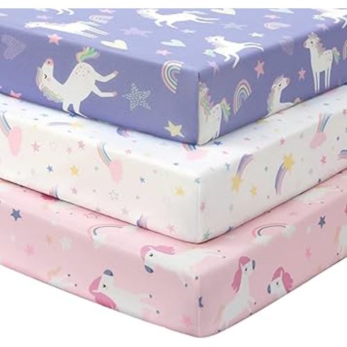 Baby Crib Sheets Girl, 3 Pack Toddler Bed Sheets for 52”x28” Standard Toddler Mattresses, Soft Microfiber Fitted Crib Sheets Pink Purple Rainbow