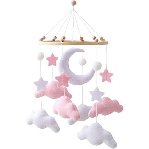 Gray Pink White Cloud Moon Themed Nursery Mobile,Crib Mobile for Baby Boys Girls,Handmade Baby Mobile,Adjustable Cotton Felt Soft Ceiling Mobile,Baby Shower Gifts for New Moms (Pink)
