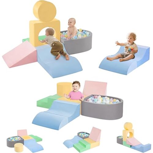 CAMELUS Toddler Climbing Toys Indoor, Baby Foam Climbing Blocks with Ball Pit for 1-3 Years Old, 6-Piece Soft Play Set Climbing Blocks, Climb Crawl Activity Play, Birthday (Balls not Included)