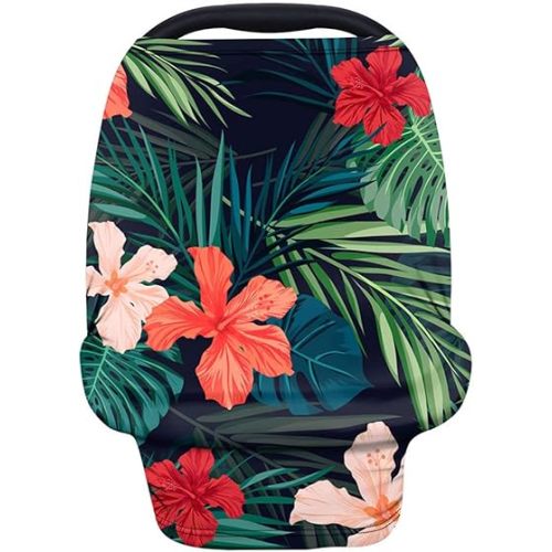 Forchrinse Hawaiian Hibiscus Flower Palm Leaf Print Nursing Breastfeeding Cover,Baby Car Seat Canopy Infant Stroller Covers for Newborn