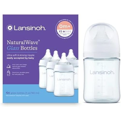 Lansinoh Glass Baby Bottles, Anti-Colic, White, 5oz, 4 Count, with Extra Slow Flow Nipples (Size XS, 0-1 Month), Baby Feeding Essentials